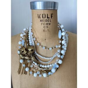Gabriele Frantzen White Multi-Strand Statement Necklace with Gold-Tone Tigers
